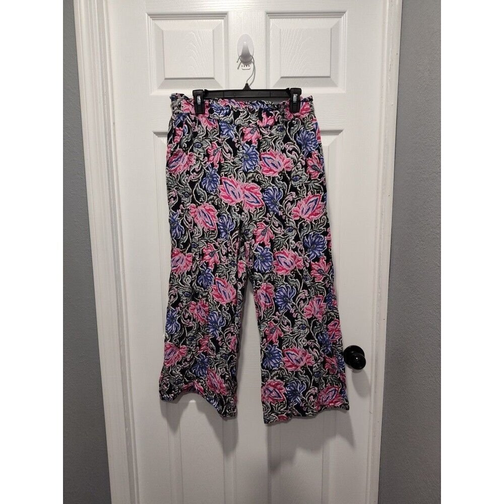 Loft Pants Womens Medium Black Pink Fluid Wide Leg Floral‎ Spring Bloom Pockets